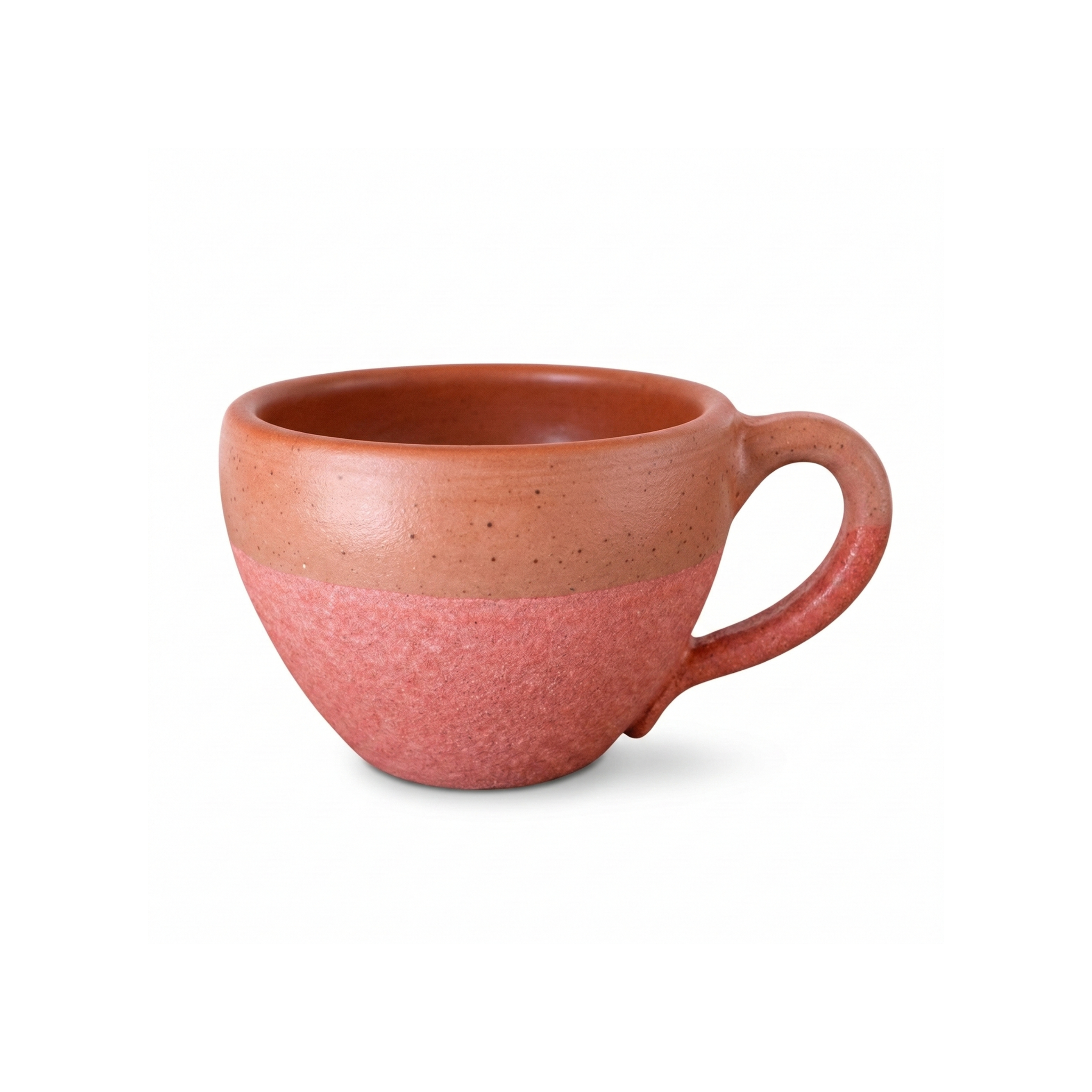 Handmade 8 oz ceramic mug in terracotta and salmon, dual-textured glaze finish, side profile view on white.